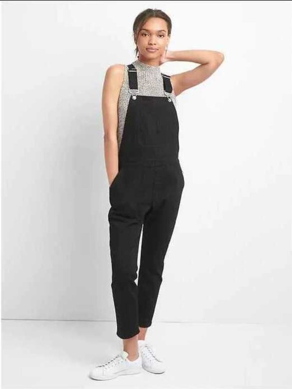 New S Petite Gap slouchy black crop jean overalls in black denim SP